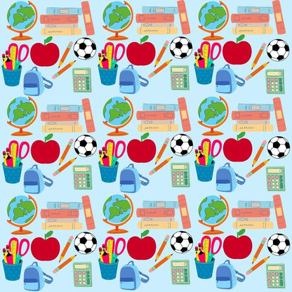 Back To School Elements Pattern 4 Quilting Cotton Fabric featuring colorful school supplies including red apples, blue backpacks, globes, books, pencils, scissors, calculators, and soccer balls on a light blue background, cotton textile, educational-themed, vibrant colors, quilting material, cotton yardage, playful design, fabric print.