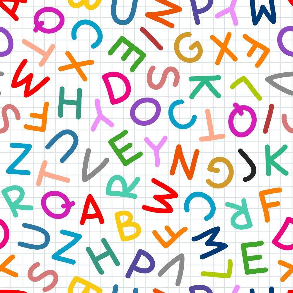 Back To School Elements Pattern 12 Quilting Cotton Fabric, colorful letters, alphabet design, white background, school theme, bright colors, educational print, vibrant cotton textile, quilting material, multicolor fabric, playful pattern, smooth texture, premium quilting cotton, American-made fabric.