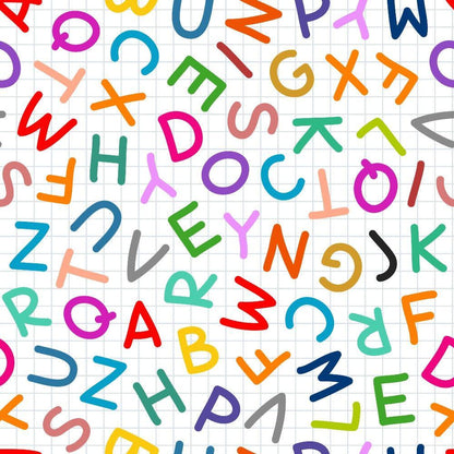 Back To School Elements Pattern 12 Quilting Cotton Fabric, colorful letters, alphabet design, white background, school theme, bright colors, educational print, vibrant cotton textile, quilting material, multicolor fabric, playful pattern, smooth texture, premium quilting cotton, American-made fabric.