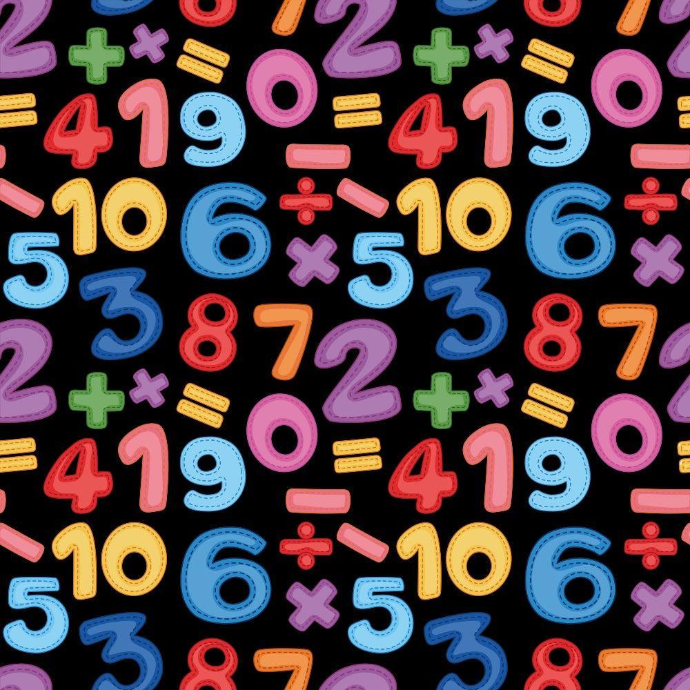 Back To School Elements Pattern 15 Quilting Cotton Fabric with colorful numbers and math symbols on black background, bright red, blue, green, orange, purple, yellow, playful, educational, children’s print, cotton textile, quilting material, smooth texture, vibrant colors, school-themed design.