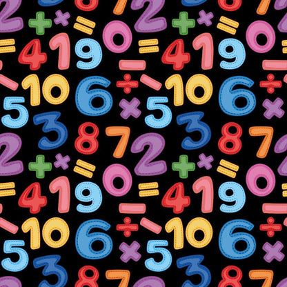 Back To School Elements Pattern 15 Quilting Cotton Fabric with colorful numbers and math symbols on black background, bright red, blue, green, orange, purple, yellow, playful, educational, children’s print, cotton textile, quilting material, smooth texture, vibrant colors, school-themed design.