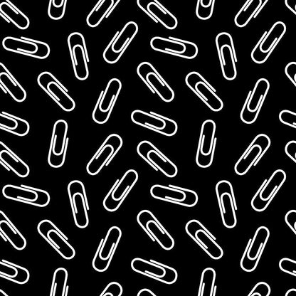 Back To School Elements Pattern 17 Quilting Cotton Fabric, black background, white paperclip illustrations, school supplies motif, seamless design, quilting textile, cotton material, educational theme, stationery pattern, crafting fabric, modern print, premium quilting cotton.