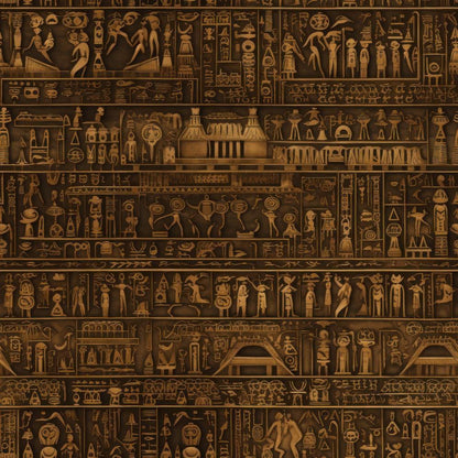 2D Ancient Egypt Pattern 5 Quilting Cotton Fabric with brown and tan hues, hieroglyphic design, Egyptian motifs, ornamental textile, vintage style, quilting material, cotton cloth, historical symbols, antique print, handcrafted fabric, traditional artwork, soft texture, decorative quilting fabric.