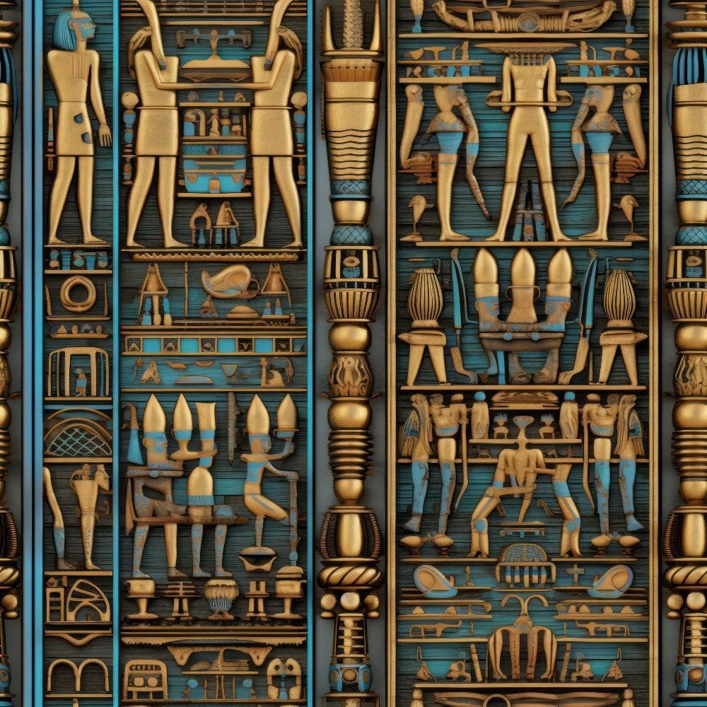 2D Ancient Egypt Pattern 18 Quilting Cotton Fabric with gold and turquoise Egyptian hieroglyphs, traditional art, vintage style, decorative textile, premium cotton, quilting material, ornamental design, historical theme, continuous yardage fabric.