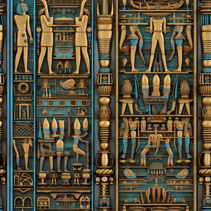 2D Ancient Egypt Pattern 18 Quilting Cotton Fabric with gold and turquoise Egyptian hieroglyphs, traditional art, vintage style, decorative textile, premium cotton, quilting material, ornamental design, historical theme, continuous yardage fabric.