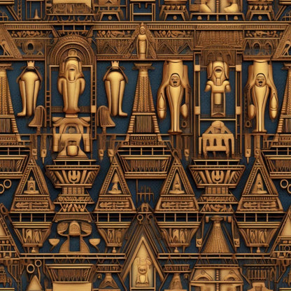 2D Ancient Egypt Pattern 22 Quilting Cotton Fabric showcasing brown, tan, navy colors with Egyptian motifs, hieroglyphics, iconography, geometric shapes, vintage style, textile design, quilting material, cotton textile, traditional print, fabric yardage, handcrafted textile pattern.