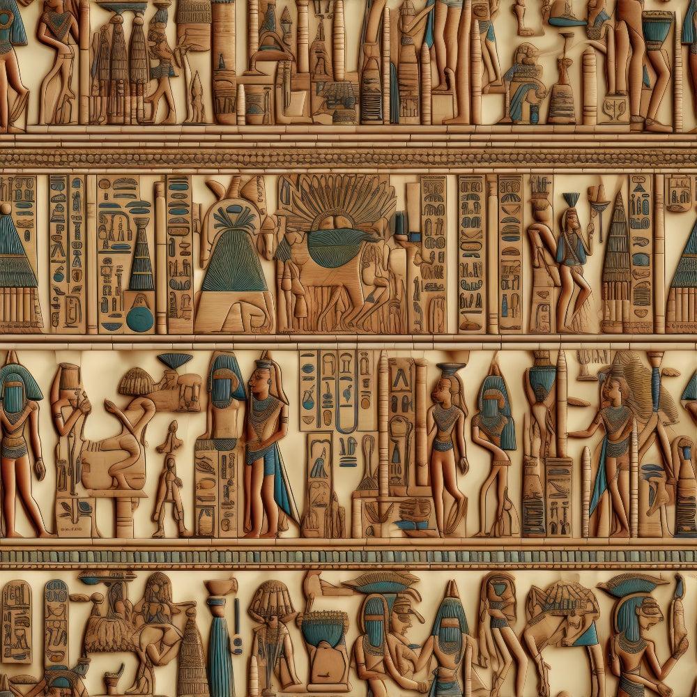2D Ancient Egypt Pattern 24 Quilting Cotton Fabric depicting ancient Egyptian figures, hieroglyphs, beige and blue tones, textile design, historic, traditional, decorative, cotton textile, quilting material, fabric yardage, premium cotton cloth.