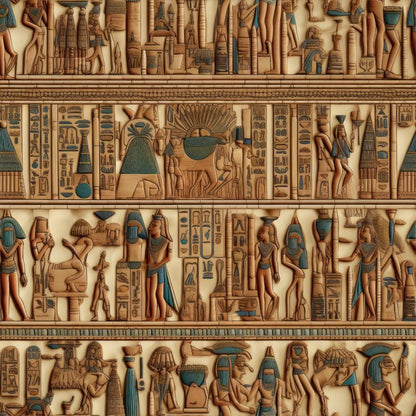 2D Ancient Egypt Pattern 24 Quilting Cotton Fabric depicting ancient Egyptian figures, hieroglyphs, beige and blue tones, textile design, historic, traditional, decorative, cotton textile, quilting material, fabric yardage, premium cotton cloth.