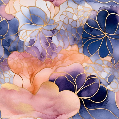 Modern Alcohol Ink Pattern 9 Quilting Cotton Fabric featuring abstract floral design, soft pastel shades of peach, lavender, indigo, and navy, gold outline accents, watercolor effect, luxury textile, artistic motif, fabric for quilting projects, cotton material, decorative and vibrant textile.