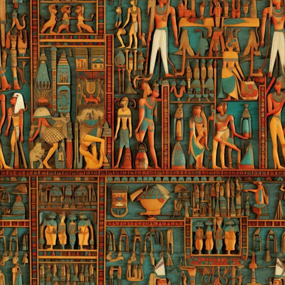 2D Ancient Egypt Pattern 29 Quilting Cotton Fabric featuring teal, orange, gold colors, Egyptian hieroglyphics, pharaohs, gods, ancient symbols, intricate design, historical motifs, textile yardage, premium quilting, traditional print, soft cotton material, cultural fabric, decorative quilting textile.
