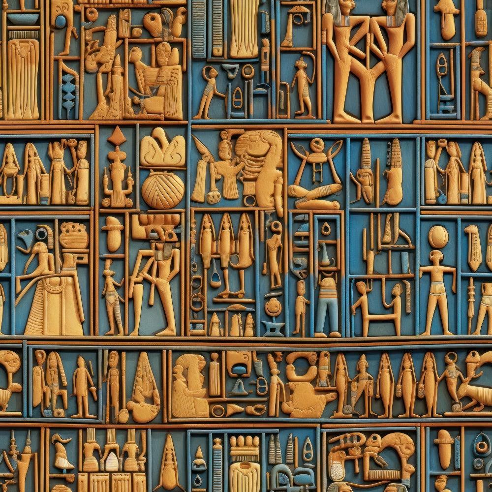 2D Ancient Egypt Pattern 34 Quilting Cotton Fabric featuring tan, blue, and brown colors, ancient Egyptian motifs, hieroglyphs, figures, symbols, historic texture, traditional design, retro style, textile material, quilting textile, cotton fabric, vintage pattern, cultural artwork, detailed crafts, ornamental fabric.