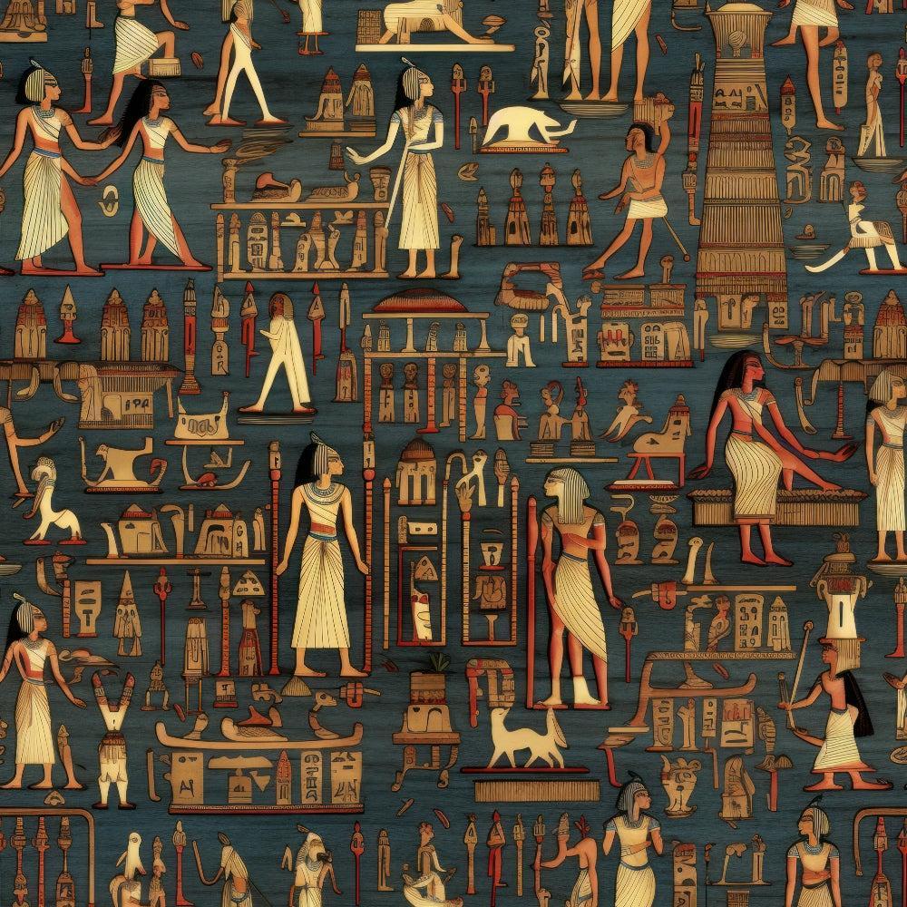 2D Ancient Egypt Pattern 37 Quilting Cotton Fabric featuring ancient Egyptian motifs, hieroglyphics, pharaohs, and traditional symbols in earthy tones of beige, brown, and dark blue, quilting textile, cotton material, historical design, vintage style, decorative fabric for crafting, sewing projects, and quilting.