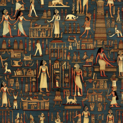 2D Ancient Egypt Pattern 37 Quilting Cotton Fabric featuring ancient Egyptian motifs, hieroglyphics, pharaohs, and traditional symbols in earthy tones of beige, brown, and dark blue, quilting textile, cotton material, historical design, vintage style, decorative fabric for crafting, sewing projects, and quilting.