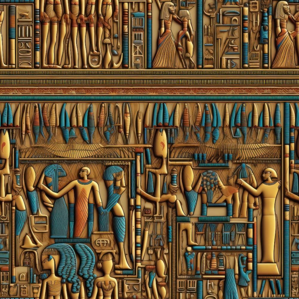 2D Ancient Egypt Pattern 38 Quilting Cotton Fabric featuring traditional Egyptian hieroglyphs, figures, and symbols in gold, blue, and brown hues, cotton textile, quilting material, ancient decorative motifs, vintage style, historic design, craft fabric, textile for sewing projects.