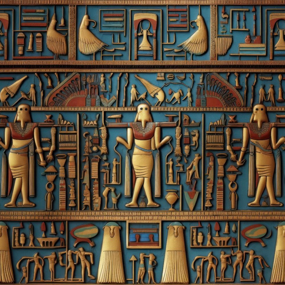 2D Ancient Egypt Pattern 39 Quilting Cotton Fabric featuring ancient Egyptian motifs, hieroglyphs, figures, in shades of gold, teal, and brown, traditional design, vintage style, decorative, textile, premium fabric, quilting cotton, historic theme, cultural artwork, detailed pattern.