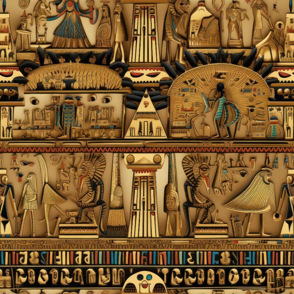 - 2D Ancient Egypt Pattern 42 Quilting Cotton Fabric  
- beige, brown, black, gold colors  
- Egyptian motifs, hieroglyphs, pharaohs, gods, pyramids  
- vintage design, cultural, ornamental, historic  
- quilting material, cotton textile, craft fabric  
- artistic, detailed, traditional, decorative print