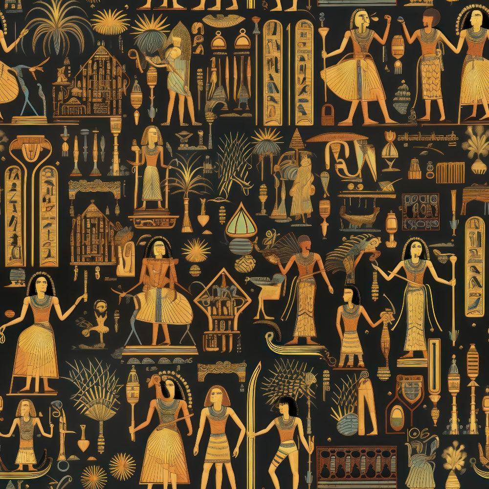 - 2D Ancient Egypt Pattern 43 Quilting Cotton Fabric  
- black background  
- gold, beige, orange, and brown tones  
- Egyptian figures  
- hieroglyphics  
- ancient symbols  
- traditional motifs  
- quilting material  
- cotton textile  
- decorative fabric