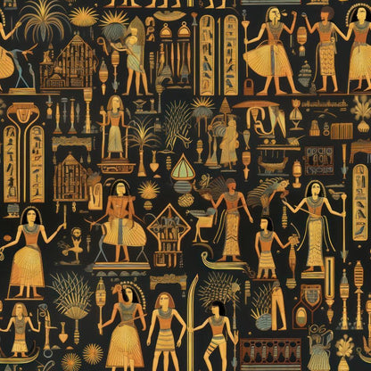 - 2D Ancient Egypt Pattern 43 Quilting Cotton Fabric  
- black background  
- gold, beige, orange, and brown tones  
- Egyptian figures  
- hieroglyphics  
- ancient symbols  
- traditional motifs  
- quilting material  
- cotton textile  
- decorative fabric