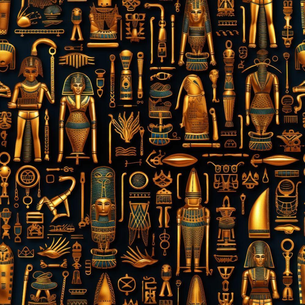 2D Ancient Egypt Pattern 44 Quilting Cotton Fabric featuring gold and black colors, Egyptian motifs, hieroglyphics, pharaohs, ancient statues, mythological symbols, ornamental design, craft textile, sewing material, quilting textile, cotton cloth, decorative fabric for crafting and quilting projects.