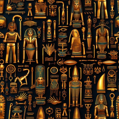2D Ancient Egypt Pattern 44 Quilting Cotton Fabric featuring gold and black colors, Egyptian motifs, hieroglyphics, pharaohs, ancient statues, mythological symbols, ornamental design, craft textile, sewing material, quilting textile, cotton cloth, decorative fabric for crafting and quilting projects.