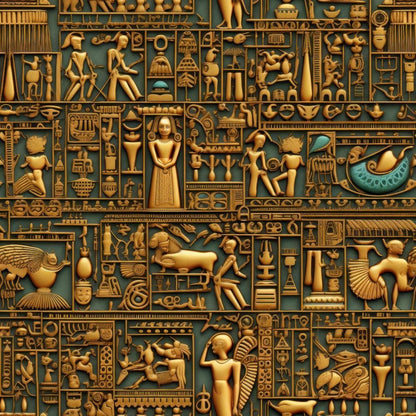 2D Ancient Egypt Pattern 48 Quilting Cotton Fabric featuring detailed Egyptian hieroglyphs, gold and green colors, vintage, historic design, textile, craft material, sewing, quilting, natural cotton, ornamental, decorative art, traditional motif, premium fabric, yardage.