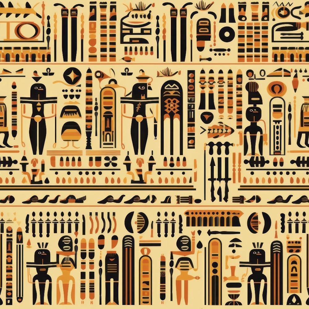 2D Ancient Egypt Pattern 50 Quilting Cotton Fabric featuring beige, black, and brown colors, Egyptian motifs, hieroglyphics, vintage style, traditional design, quilting cotton textile, decorative fabric for crafts and sewing projects.