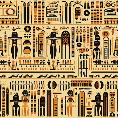 2D Ancient Egypt Pattern 50 Quilting Cotton Fabric featuring beige, black, and brown colors, Egyptian motifs, hieroglyphics, vintage style, traditional design, quilting cotton textile, decorative fabric for crafts and sewing projects.