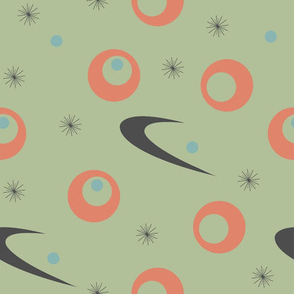 Mid-Century Modern Pattern 2 Quilting Cotton Fabric with green background, coral circles, black abstract shapes, blue dots, starburst motifs, vintage style, geometric design, smooth texture, sewing material, craft textile, quilting fabric, cotton fabric, retro print, stylish fabric, classic pattern.