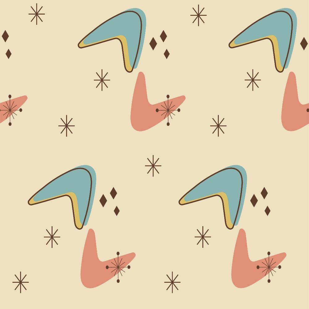 Mid-Century Modern Pattern 5 Quilting Cotton Fabric, beige background, abstract shapes, mid-century design, soft coral, muted teal, brown accents, starbursts, diamonds, vintage style, quilting material, cotton textile, retro pattern, classic fabric, smooth texture, durable quilting cotton.