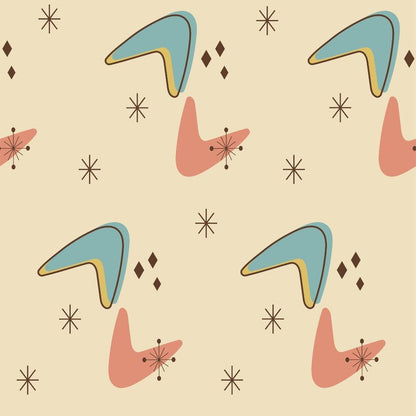 Mid-Century Modern Pattern 5 Quilting Cotton Fabric, beige background, abstract shapes, mid-century design, soft coral, muted teal, brown accents, starbursts, diamonds, vintage style, quilting material, cotton textile, retro pattern, classic fabric, smooth texture, durable quilting cotton.