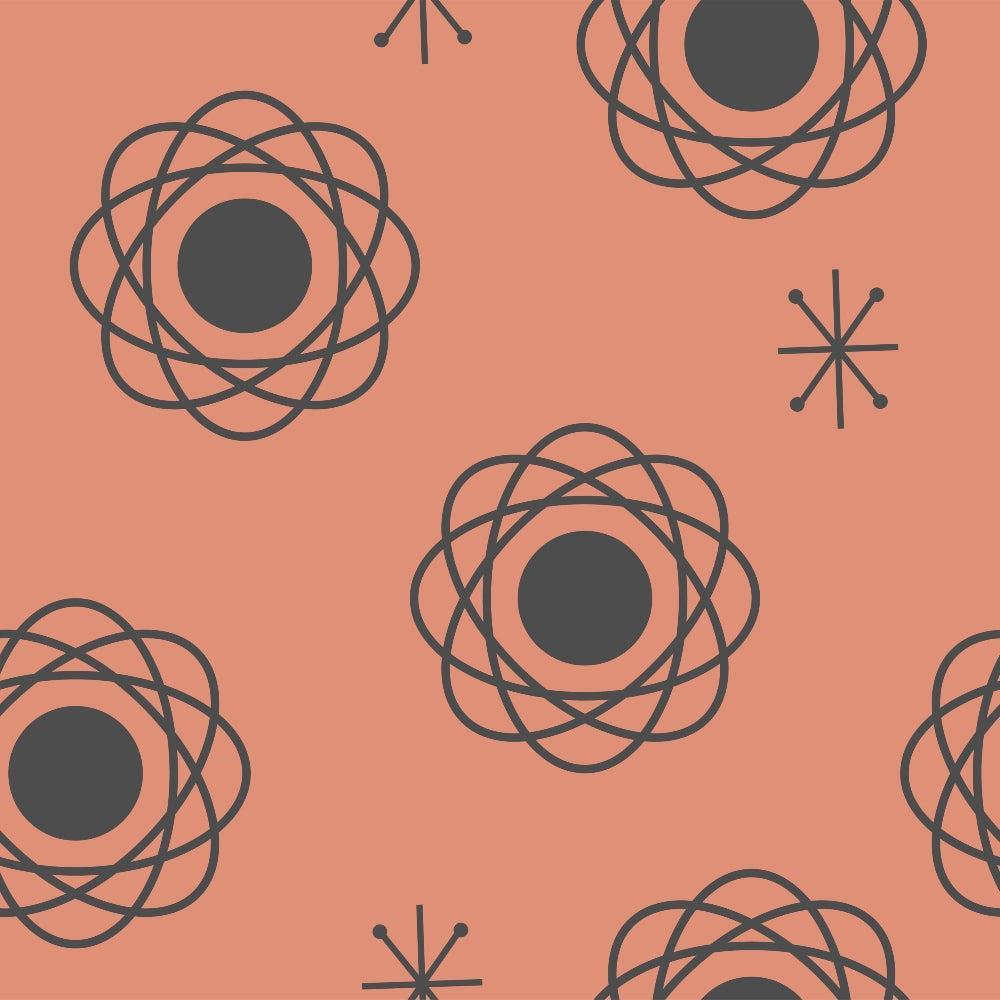 - Mid-Century Modern Pattern 10 Quilting Cotton Fabric  
- Retro design  
- Geometric shapes  
- Circular motifs  
- Abstract floral elements  
- Warm terracotta background  
- Dark gray accents  
- Soft cotton texture  
- Quilting material  
- Vintage style fabric