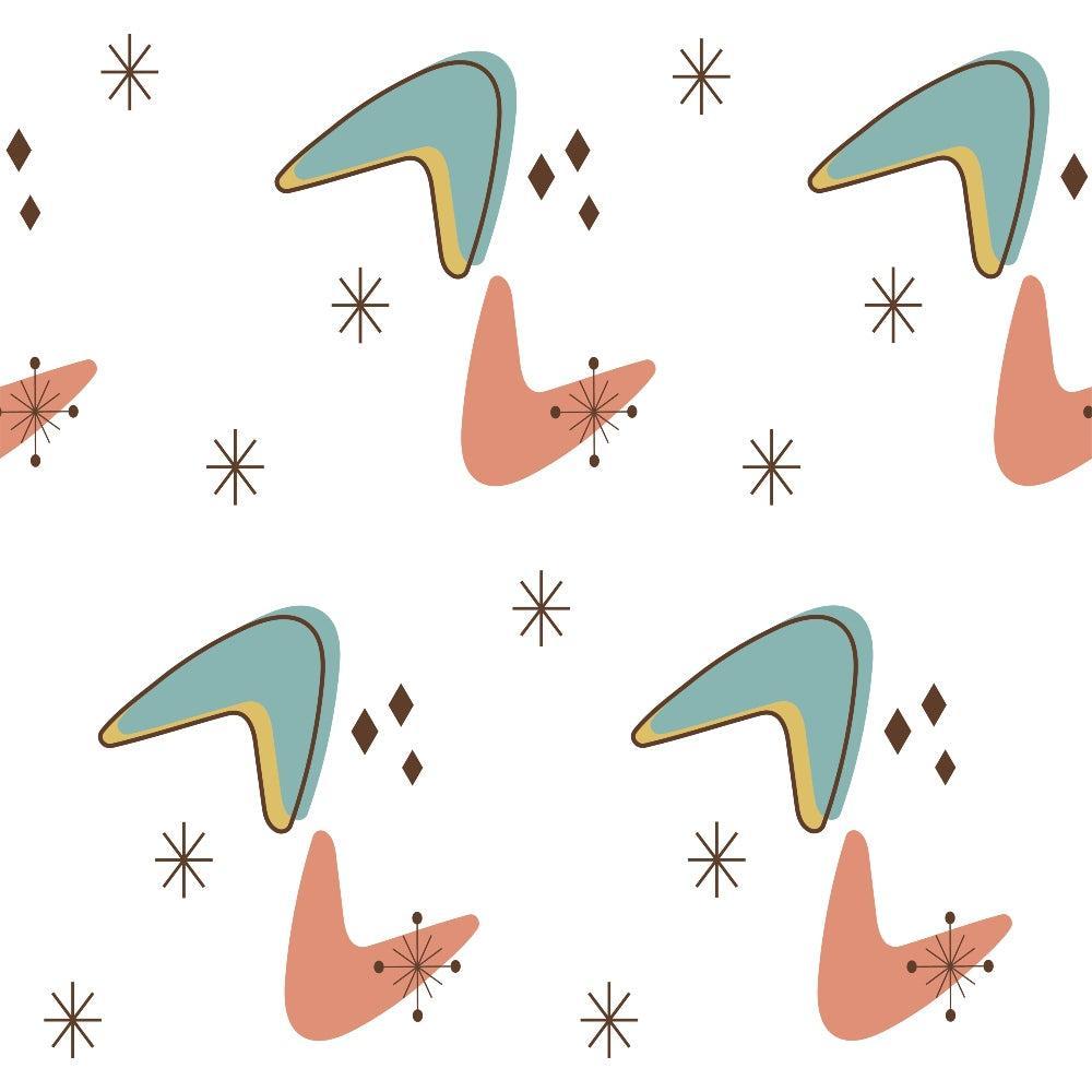 Mid-Century Modern Pattern 15 Quilting Cotton Fabric featuring abstract shapes, starbursts, boomerang motifs in blue, orange, brown, yellow, white background, retro style, decorative textile, soft cotton material, artistic design, vintage inspired, crafting fabric.