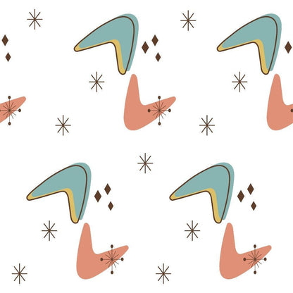 Mid-Century Modern Pattern 15 Quilting Cotton Fabric featuring abstract shapes, starbursts, boomerang motifs in blue, orange, brown, yellow, white background, retro style, decorative textile, soft cotton material, artistic design, vintage inspired, crafting fabric.