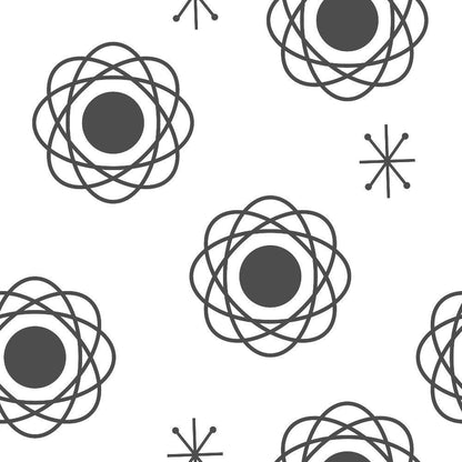 Mid-Century Modern Pattern 18 Quilting Cotton Fabric featuring black and white geometric floral motifs, atomic starburst shapes, minimalist design, contemporary style, monochrome, smooth texture, quilting material, cotton textile for sewing and crafting projects.