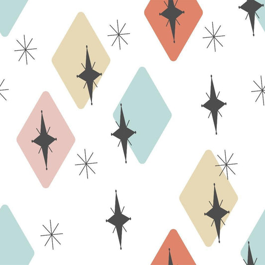 Mid-Century Modern Pattern 25 Quilting Cotton Fabric, retro, geometric, diamonds, starburst, vintage style, muted colors, pastel blue, soft pink, beige, burnt orange, black accents, quilting cotton textile, mid-century design, sewing material, craft fabric, 1950s inspired pattern