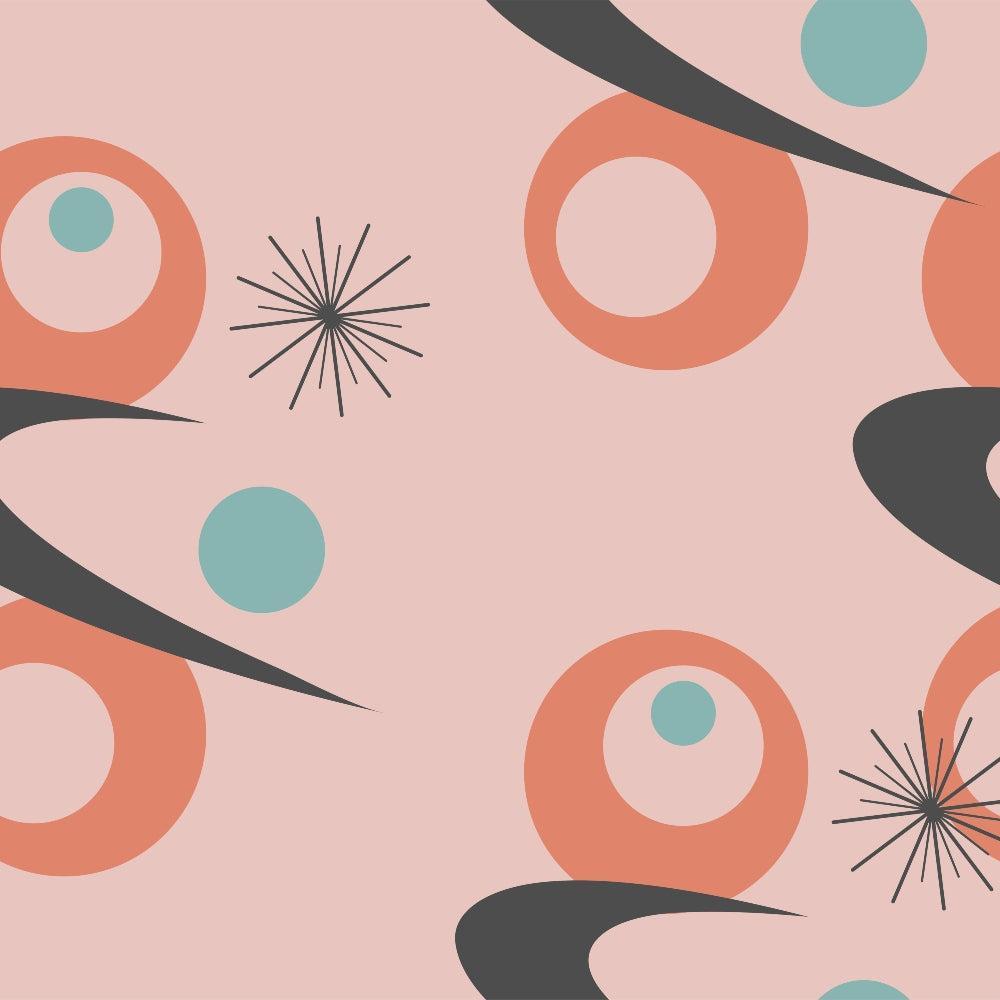 Mid-Century Modern Pattern 32 Quilting Cotton Fabric with abstract shapes, circular motifs, starbursts, teal, coral, black, beige colors, retro design, modern textile, cotton quilting material.