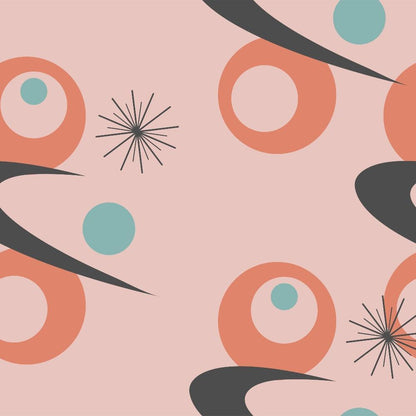 Mid-Century Modern Pattern 32 Quilting Cotton Fabric with abstract shapes, circular motifs, starbursts, teal, coral, black, beige colors, retro design, modern textile, cotton quilting material.