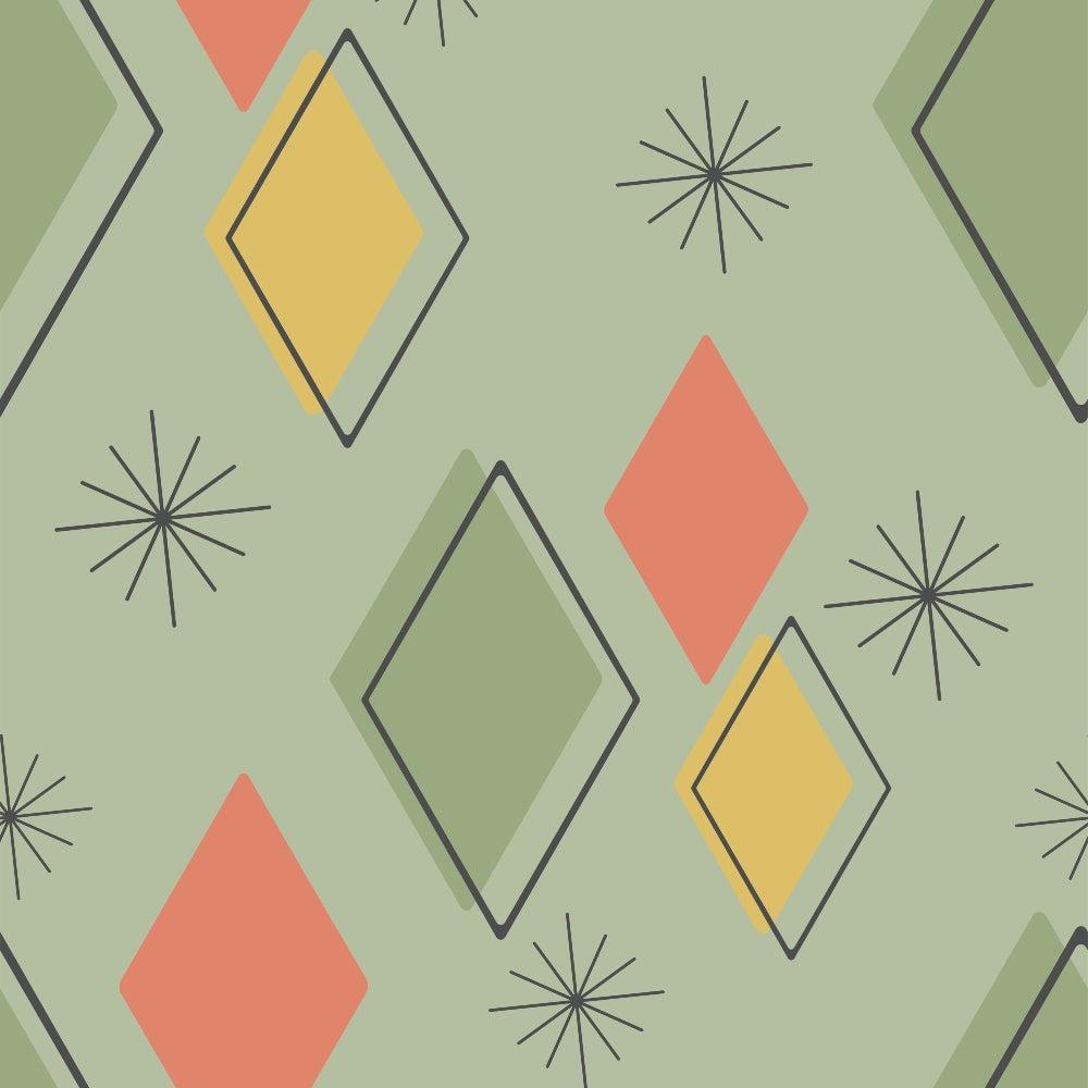 Mid-Century Modern Pattern 33 Quilting Cotton Fabric, geometric diamonds, starburst motifs, sage green background, muted orange, mustard yellow, olive green shapes, retro design, vintage style, quilting cotton textile, soft fabric, modernist pattern, decorative fabric for sewing projects