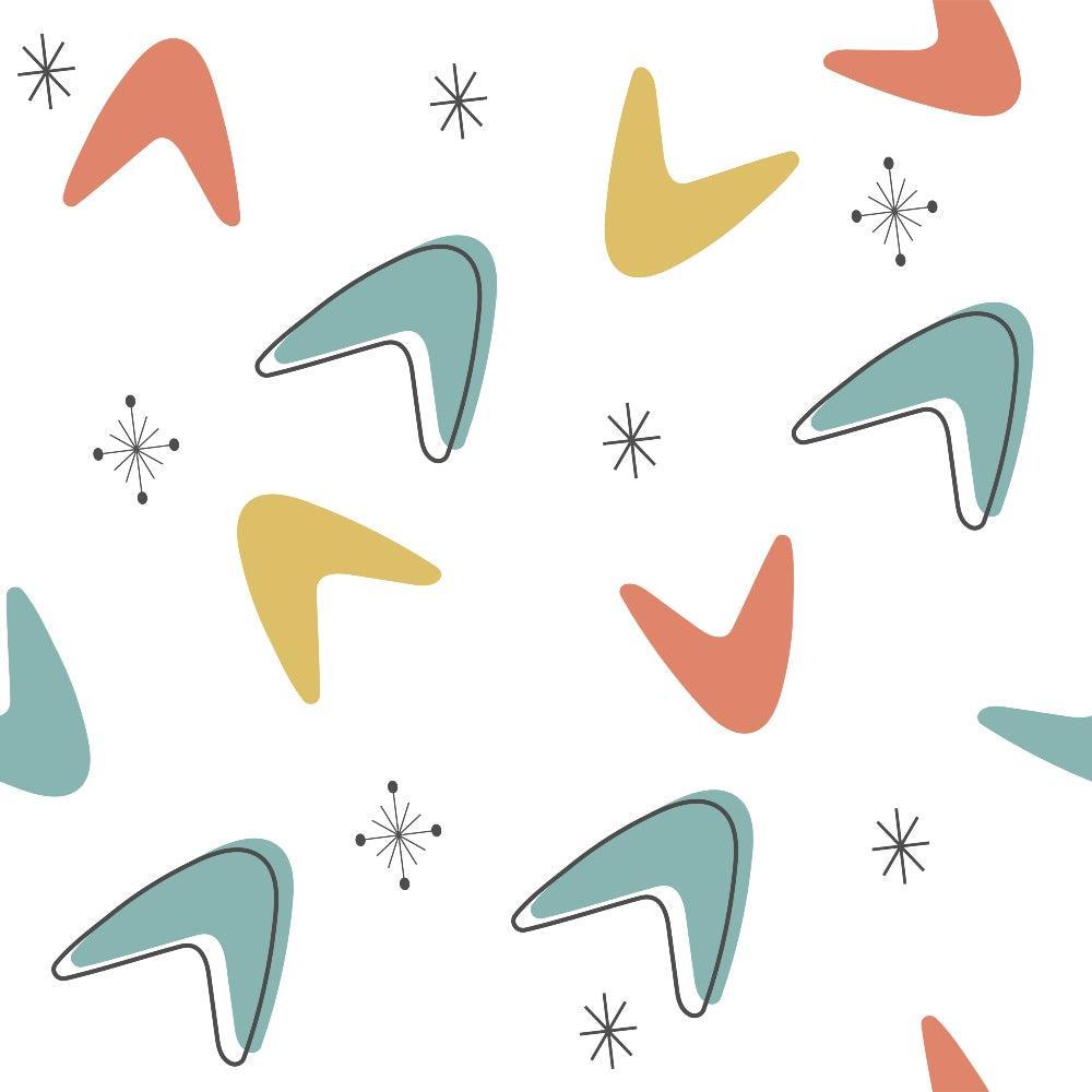 Mid-Century Modern Pattern 38 Quilting Cotton Fabric, cotton, quilting, fabric, abstract shapes, boomerang design, teal, mustard yellow, coral, white background, retro, geometric, vintage style, smooth texture, soft finish, premium material
