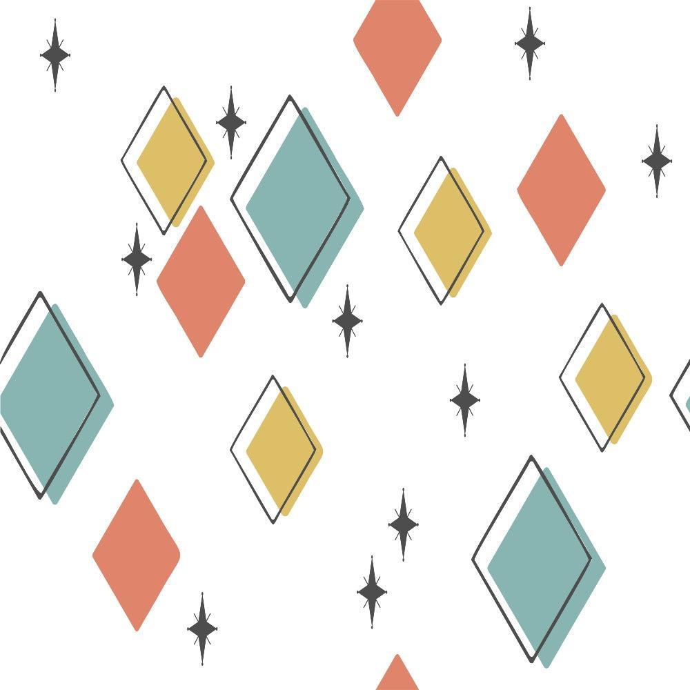 - Mid-Century Modern Pattern 42 Quilting Cotton Fabric  
- geometric shapes  
- diamond motifs  
- teal, mustard yellow, coral orange  
- starburst accents  
- white background  
- cotton textile  
- quilting material  
- vintage inspired  
- fabric yardage