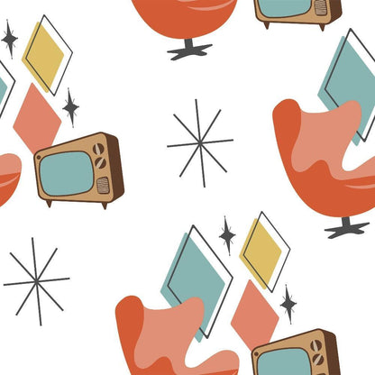 Mid-Century Modern Pattern 46 Quilting Cotton Fabric featuring retro design, vintage televisions, atomic starbursts, diamond shapes, burnt orange, mustard yellow, teal blue, white background, classic upholstery style, quilting textile, cotton material.