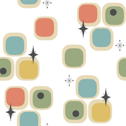 Mid-Century Modern Pattern 48 Quilting Cotton Fabric featuring geometric rounded squares in muted teal, coral, mustard, and olive green with black starburst accents on white background; vintage style, retro design, soft cotton textile, quilting material, seamless pattern, home decor fabric.