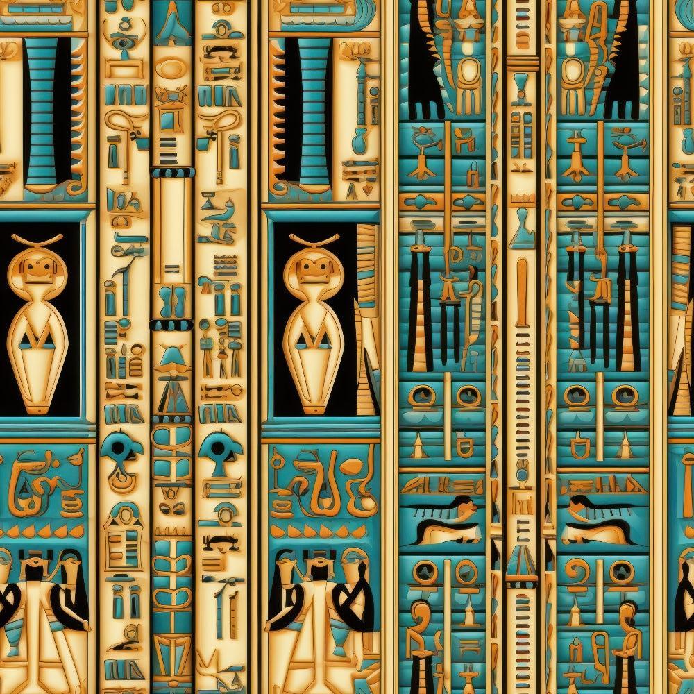 2D Ancient Egypt Pattern 65 Quilting Cotton Fabric featuring beige, turquoise, black, and gold colors with Egyptian motifs, hieroglyphics, statues, columns, and tribal elements in a vertical stripe design, cotton textile, quilting material, vintage inspired, cultural fabric, traditional art print.