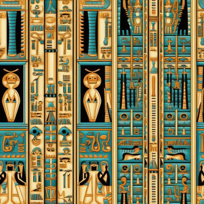 2D Ancient Egypt Pattern 65 Quilting Cotton Fabric featuring beige, turquoise, black, and gold colors with Egyptian motifs, hieroglyphics, statues, columns, and tribal elements in a vertical stripe design, cotton textile, quilting material, vintage inspired, cultural fabric, traditional art print.