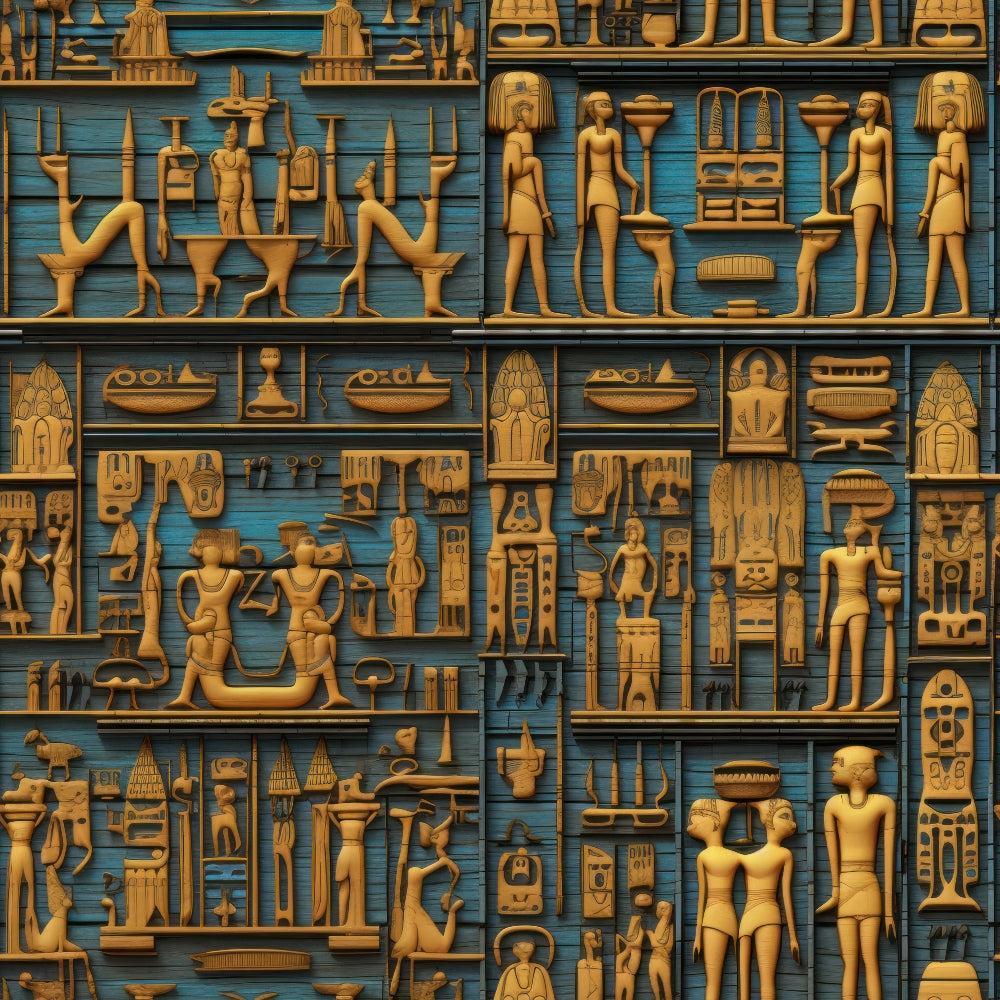 2D Ancient Egypt Pattern 67 Quilting Cotton Fabric featuring intricate golden Egyptian hieroglyphics and figures on a blue wooden texture background, vintage style, decorative textile, quilting material, cotton textile, ancient motifs, classic design.