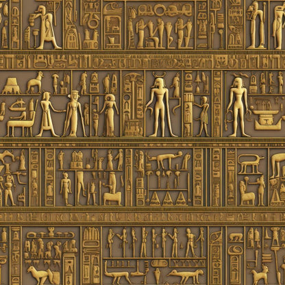 - 2D Ancient Egypt Pattern 70 Quilting Cotton Fabric  
- Gold, beige colors  
- Egyptian hieroglyphics, traditional symbols  
- Cotton textile, quilting material  
- Historical, antique design  
- Fabric by the yard, premium quality