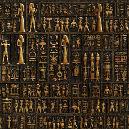 2D Ancient Egypt Pattern 71 Quilting Cotton Fabric featuring bronze and black colors, ancient Egyptian symbols, hieroglyphic motifs, traditional figures, cultural design, decorative textile, quilting material, cotton fabric, vintage art pattern.