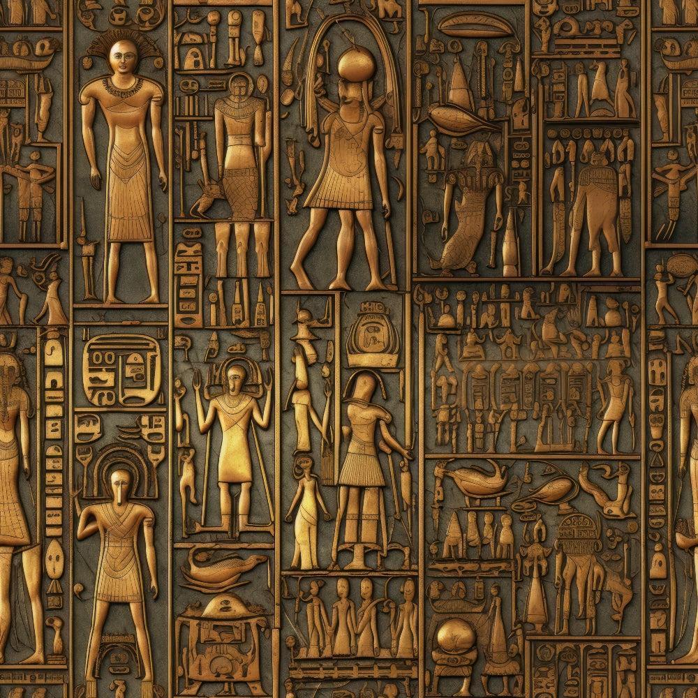2D Ancient Egypt Pattern 72 Quilting Cotton Fabric featuring detailed hieroglyphics, ancient figures, textured brown and gold tones, traditional Egyptian art, cotton material, quilting textile, vintage style print, classic cultural design, ornamental fabric for sewing and crafting projects.