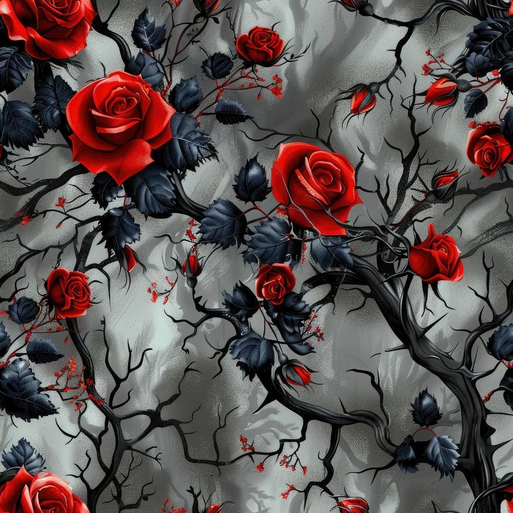 A Gothic Night Pattern 5 Quilting Cotton Fabric featuring red roses, black leaves, thorny branches, dark gray background, floral design, elegant texture, gothic style, premium quilting cotton textile.