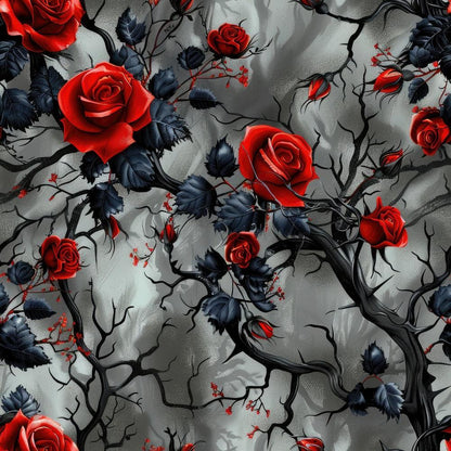 A Gothic Night Pattern 5 Quilting Cotton Fabric featuring red roses, black leaves, thorny branches, dark gray background, floral design, elegant texture, gothic style, premium quilting cotton textile.